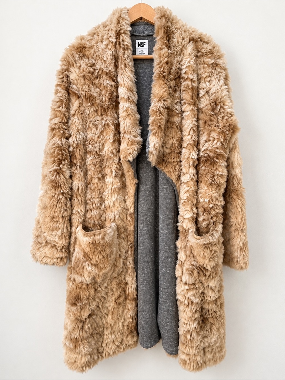 NSF Plush Teddy Faux-Fur Open Coat in Camel